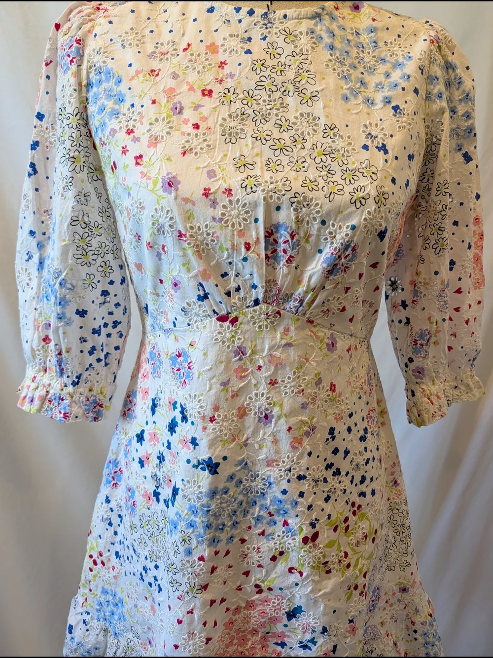 White Floral Midi Dress Eyelet, Blue pink‎ yellow embroidery ruffle 100% cotton